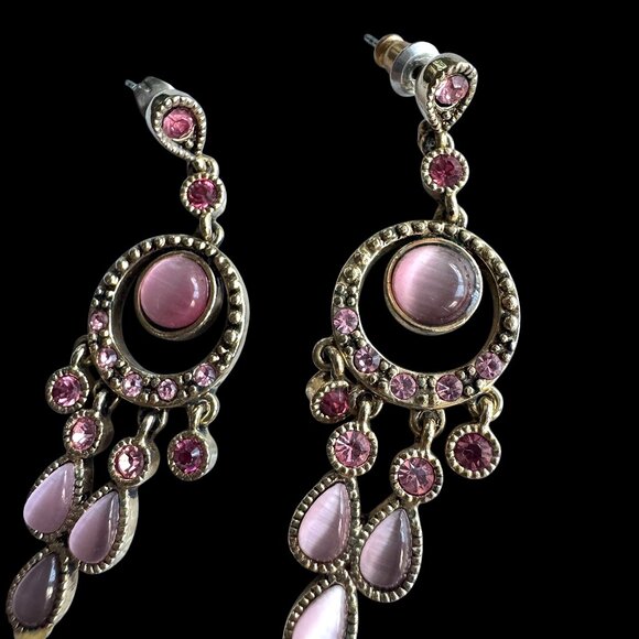 Pierced Earrings Dangling Chandelier Gold Tone Pink Stone - Picture 2 of 6